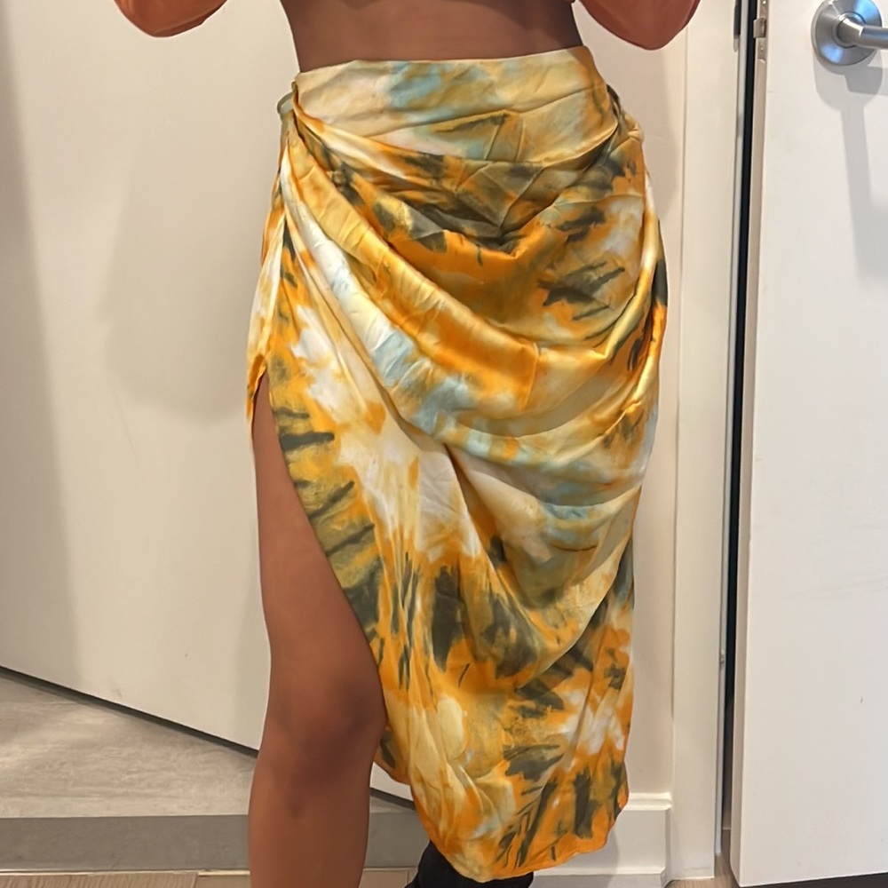 PRETTY LITTLE THING Draped Satin Midi Skirt w/ side slit